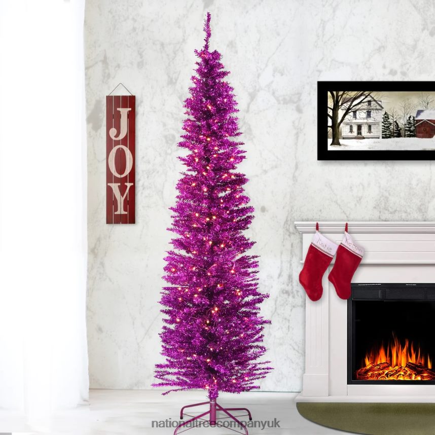 Trees | National Tree Company Pre-Lit Artificial Christmas Tree Pink Tinsel White Lights Includes Stand 7 feet F2L4F210